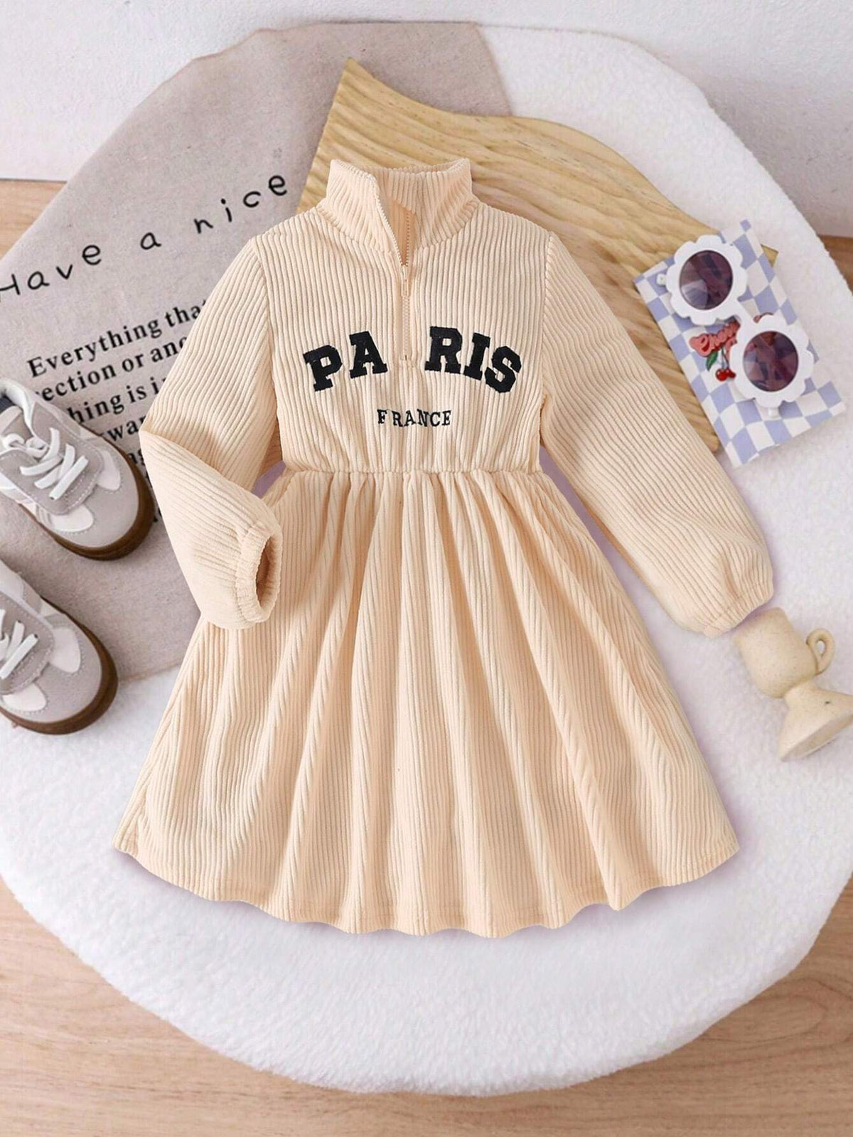 Girls Casual Minimalist Everyday Stand Collar Drop Shoulder Long Sleeve Waist Embroidered Letter Corduroy Solid Dress, Autumn