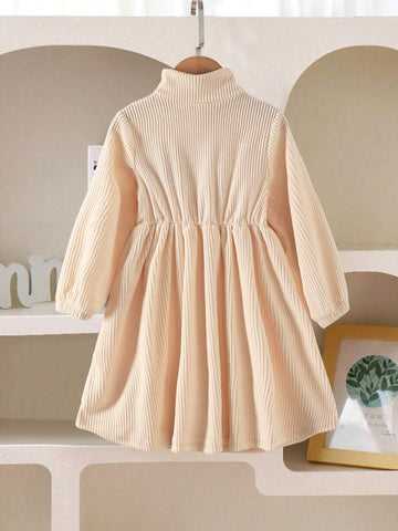 Girls Casual Minimalist Everyday Stand Collar Drop Shoulder Long Sleeve Waist Embroidered Letter Corduroy Solid Dress, Autumn