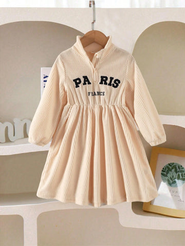 Girls Casual Minimalist Everyday Stand Collar Drop Shoulder Long Sleeve Waist Embroidered Letter Corduroy Solid Dress, Autumn