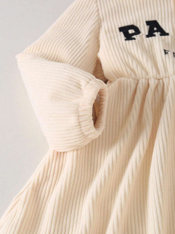 Girls Casual Minimalist Everyday Stand Collar Drop Shoulder Long Sleeve Waist Embroidered Letter Corduroy Solid Dress, Autumn