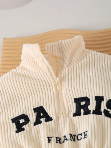 Girls Casual Minimalist Everyday Stand Collar Drop Shoulder Long Sleeve Waist Embroidered Letter Corduroy Solid Dress, Autumn