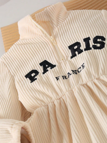 Girls Casual Minimalist Everyday Stand Collar Drop Shoulder Long Sleeve Waist Embroidered Letter Corduroy Solid Dress, Autumn