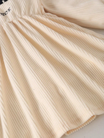 Girls Casual Minimalist Everyday Stand Collar Drop Shoulder Long Sleeve Waist Embroidered Letter Corduroy Solid Dress, Autumn