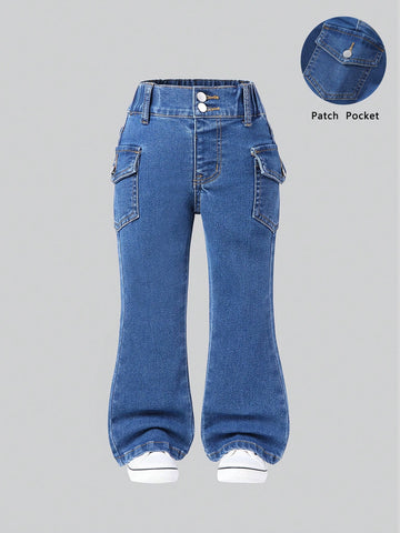 Girls Casual Multiple Pocket Elastic Waist Washed Black Denim Flared Jeans