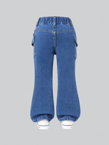 Girls Casual Multiple Pocket Elastic Waist Washed Black Denim Flared Jeans