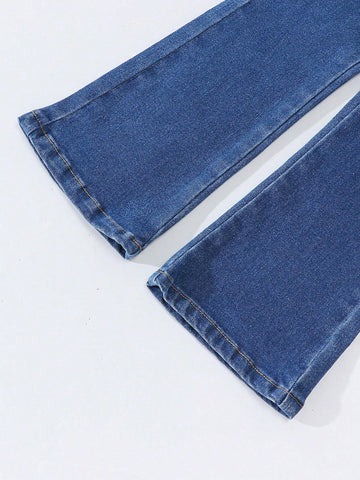 Girls Casual Multiple Pocket Elastic Waist Washed Black Denim Flared Jeans