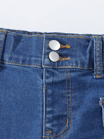 Girls Casual Multiple Pocket Elastic Waist Washed Black Denim Flared Jeans