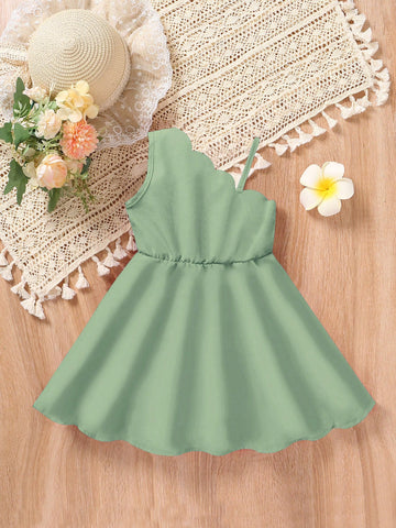 Girls Casual Simple Asymmetric Collar Sleeveless Fitted A-Line Solid Color Summer Vacation Dress