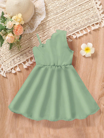Girls Casual Simple Asymmetric Collar Sleeveless Fitted A-Line Solid Color Summer Vacation Dress