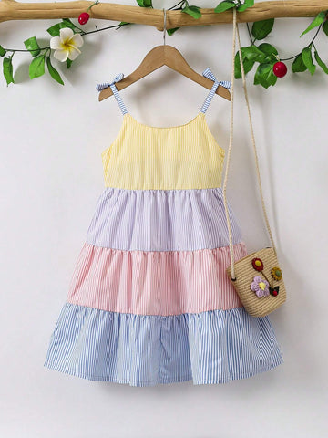 Girls Casual Simple Colorblock Striped Spaghetti Strap Cake Dress, Summer