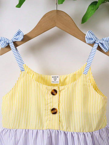 Girls Casual Simple Colorblock Striped Spaghetti Strap Cake Dress, Summer