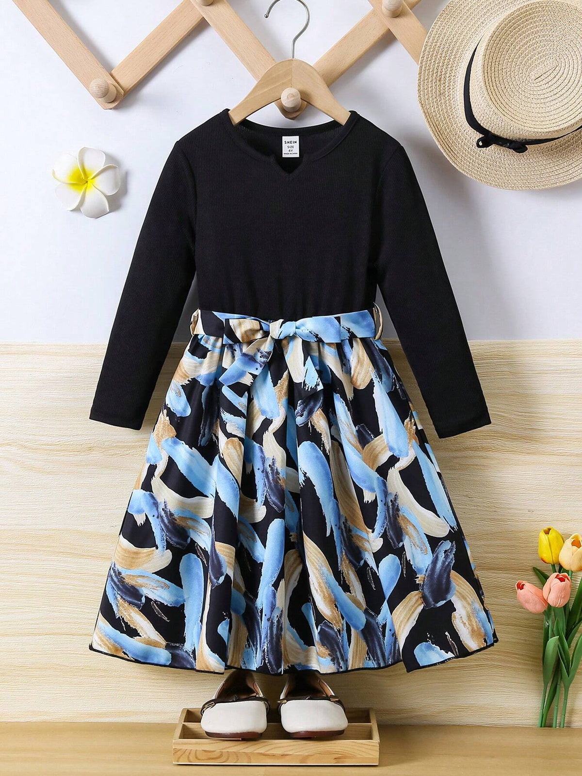 Girls Casual Texture Ribbed Velvet Long Sleeve Dress With Printed Belt, Fashion Versatile Girls' Long Dress