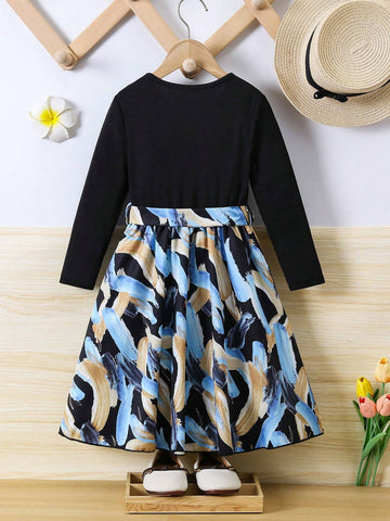 Girls Casual Texture Ribbed Velvet Long Sleeve Dress With Printed Belt, Fashion Versatile Girls' Long Dress