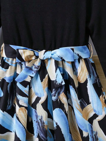Girls Casual Texture Ribbed Velvet Long Sleeve Dress With Printed Belt, Fashion Versatile Girls' Long Dress