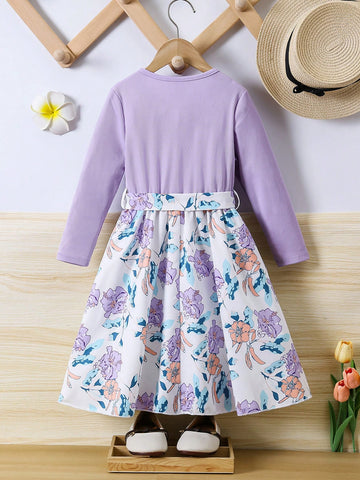 Girls Casual Textured Ribbed Long Sleeve Dress With Graphic Print Waist Belt, Versatile For Daily Wear, Vacation, Spring/Summer/Autumn