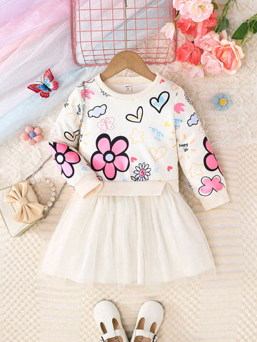 Girls Casual Unicorn Print Mesh Patchwork Long Sleeve Dress, Autumn