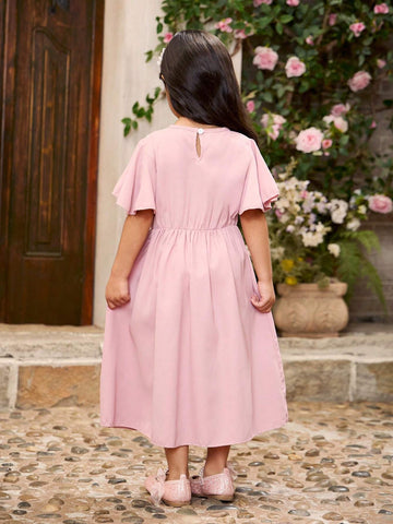 Girls' Chiffon Lace Embroidery Waist Gathered A-Line Dress With Flounces, Matching Sister Outfits For Occasions (Dress And Sleeve Sold Separately)