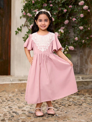 Girls' Chiffon Lace Embroidery Waist Gathered A-Line Dress With Flounces, Matching Sister Outfits For Occasions (Dress And Sleeve Sold Separately)