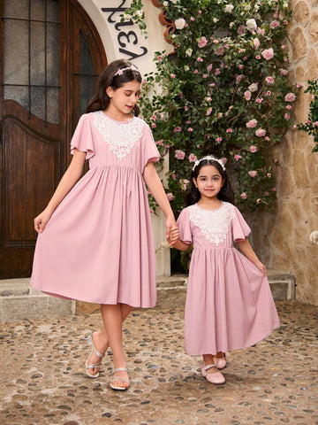 Girls' Chiffon Lace Embroidery Waist Gathered A-Line Dress With Flounces, Matching Sister Outfits For Occasions (Dress And Sleeve Sold Separately)
