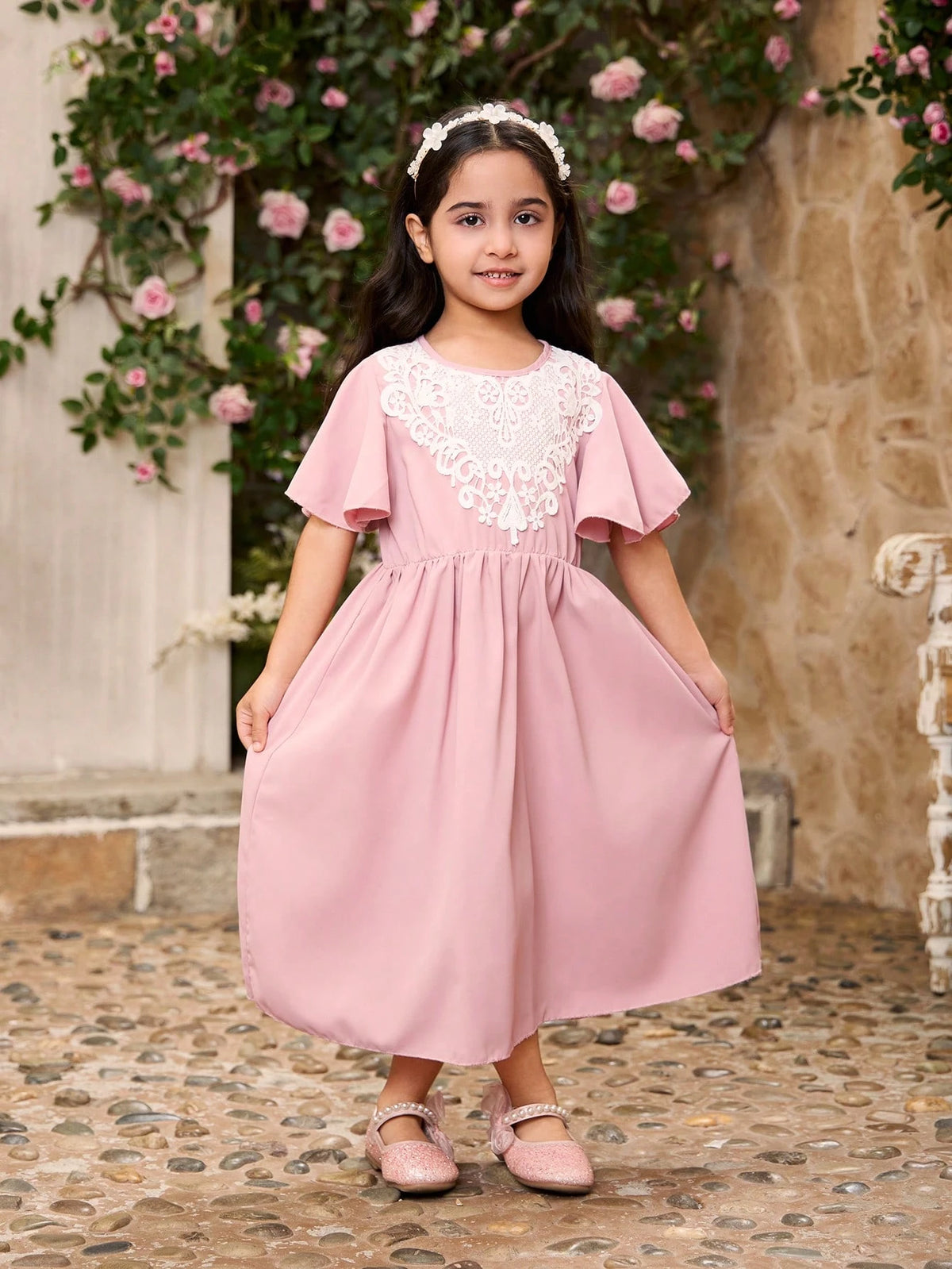 Girls' Chiffon Lace Embroidery Waist Gathered A-Line Dress With Flounces, Matching Sister Outfits For Occasions (Dress And Sleeve Sold Separately)