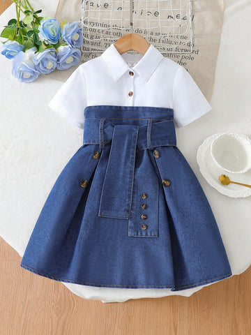 Girls Chiffon Shirt Collar Short Sleeve Patchwork A-Line Waist Slim Formal Dress With Belt, Summer Korean Style