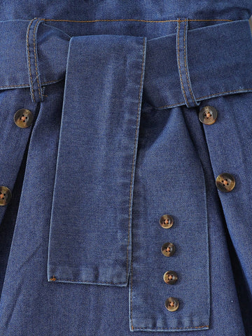 Girls Chiffon Shirt Collar Short Sleeve Patchwork A-Line Waist Slim Formal Dress With Belt