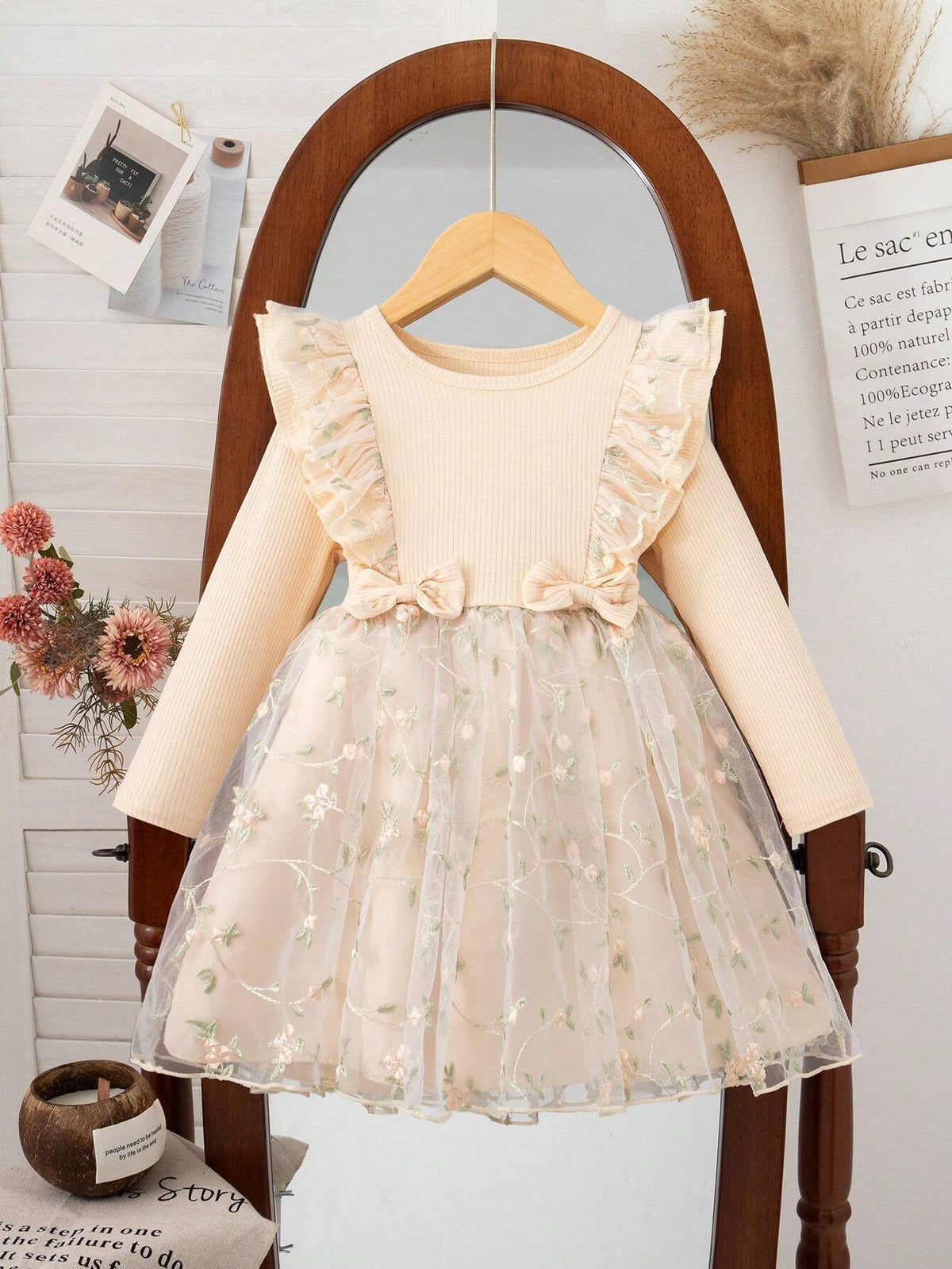 Girls Children Autumn New Thin Mesh Fabric Dress, Exquisite Embroidery Decor, Round Neck Long Sleeve Design