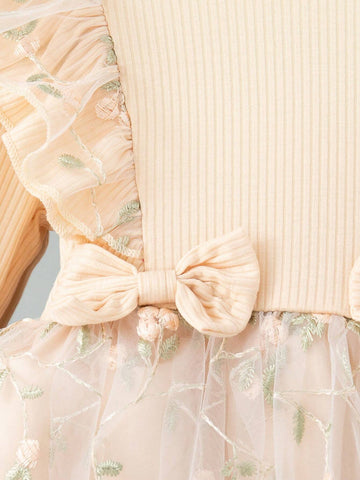 Girls Children Autumn New Thin Mesh Fabric Dress, Exquisite Embroidery Decor, Round Neck Long Sleeve Design