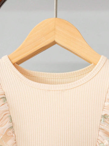 Girls Children Autumn New Thin Mesh Fabric Dress, Exquisite Embroidery Decor, Round Neck Long Sleeve Design