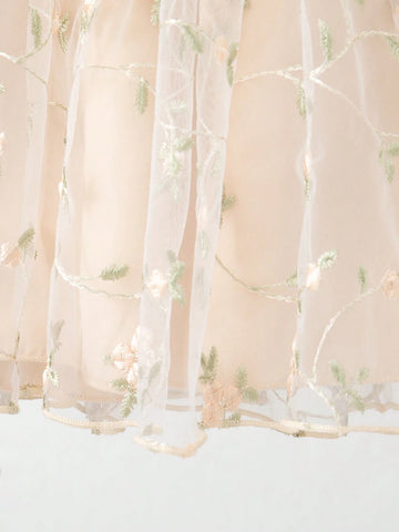 Girls Children Autumn New Thin Mesh Fabric Dress, Exquisite Embroidery Decor, Round Neck Long Sleeve Design