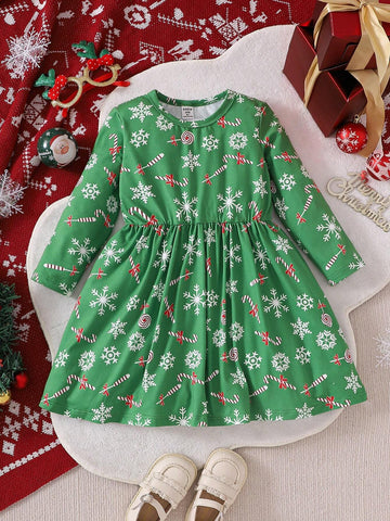 Girls Christmas Cartoon All Over Print Dress, Girls Holiday Party Princess Casual Long Sleeve Pullover Dress, Gift