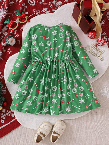 Girls Christmas Cartoon All Over Print Dress, Girls Holiday Party Princess Casual Long Sleeve Pullover Dress, Gift