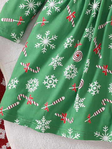 Girls Christmas Cartoon All Over Print Dress, Girls Holiday Party Princess Casual Long Sleeve Pullover Dress, Gift