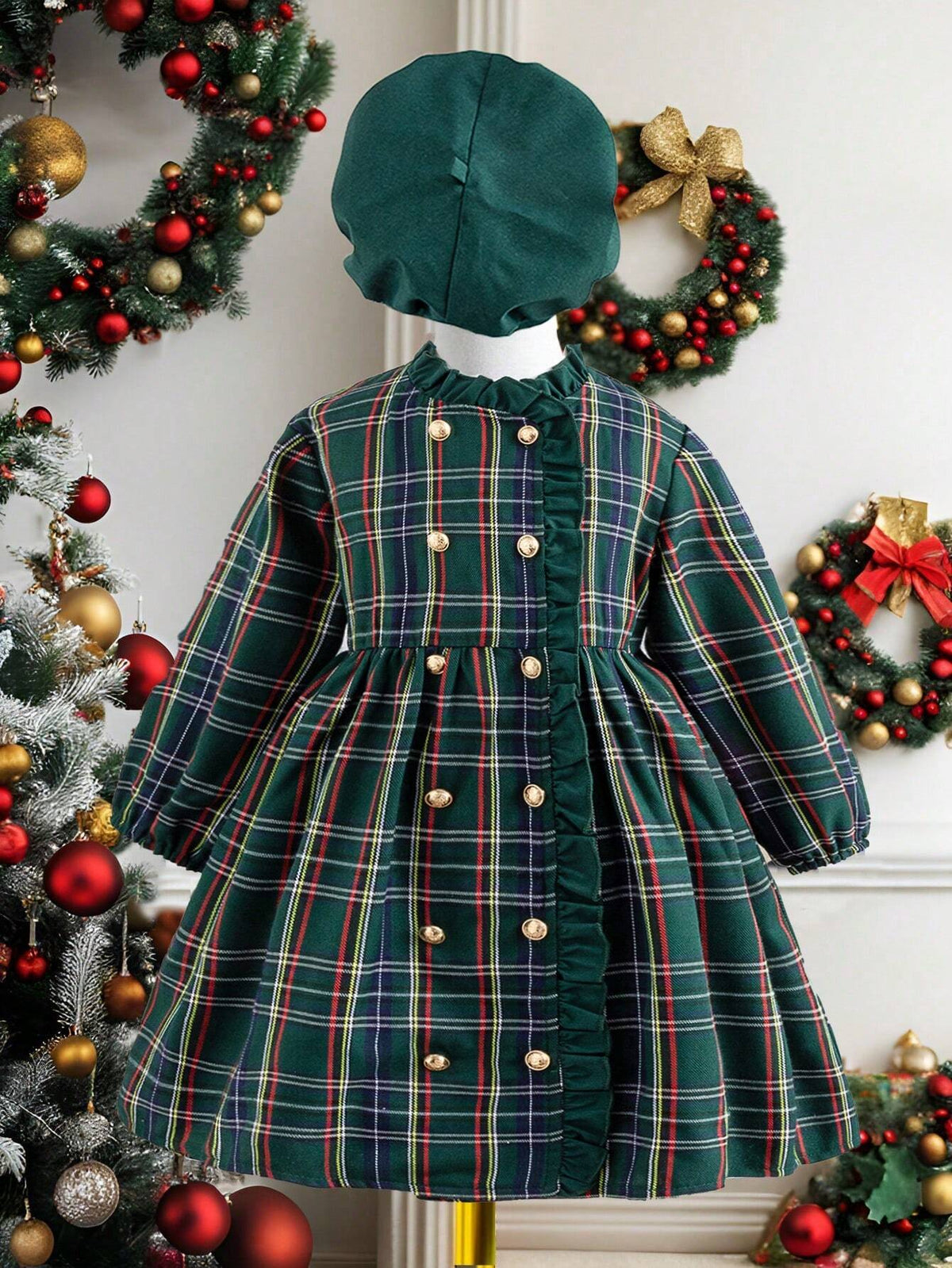 Girls Classic Plaid Double-Breasted Dress With Hooded Cap, Fashionable British Style