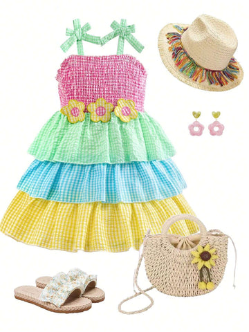 Girls' Colorful Plaid 3D Floral Cake Dress