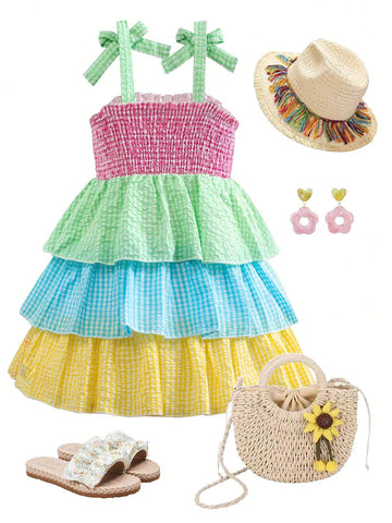 Girls' Colorful Plaid 3D Floral Cake Dress