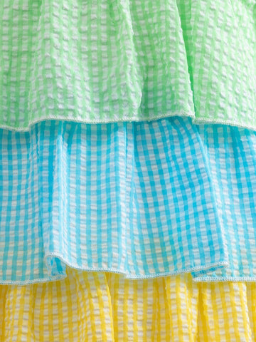 Girls' Colorful Plaid 3D Floral Cake Dress