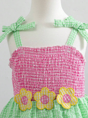 Girls' Colorful Plaid 3D Floral Cake Dress