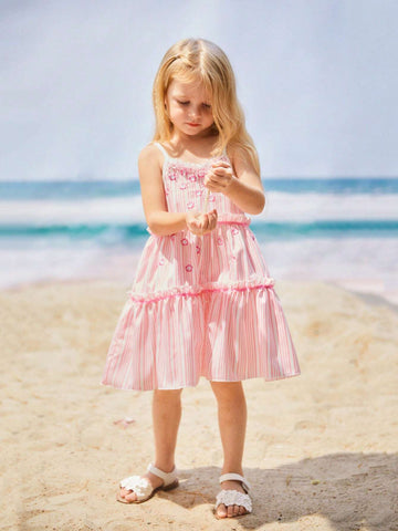 Girls' Conservative Pink Embroidered Dress