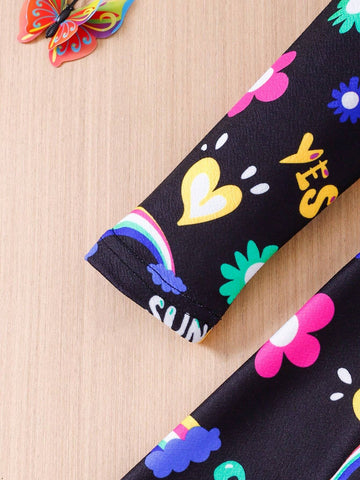 Girls Cute Glow-In-The-Dark Hand-Painted Floral, Heart & Rainbow Print Long Sleeve Round Neck Dress, Suitable For Summer, Fall, Winter, Party, Family Gathering, Performance