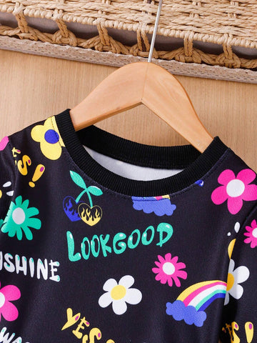 Girls Cute Glow-In-The-Dark Hand-Painted Floral, Heart & Rainbow Print Long Sleeve Round Neck Dress, Suitable For Summer, Fall, Winter, Party, Family Gathering, Performance