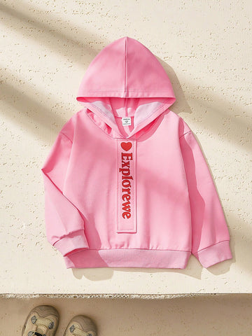 Girls Cute Hooded Letter Print Loose Sweatshirt, Fashionable Graphic Pullover For Streetwear, Casual, Outdoor