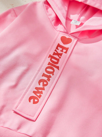 Girls Cute Hooded Letter Print Loose Sweatshirt, Fashionable Graphic Pullover For Streetwear, Casual, Outdoor