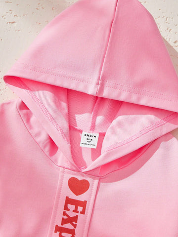 Girls Cute Hooded Letter Print Loose Sweatshirt, Fashionable Graphic Pullover For Streetwear, Casual, Outdoor
