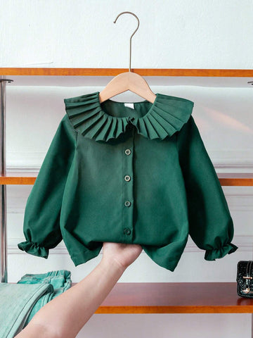 Girls Elegant Collared Ruffle Sleeve White Long Sleeve Casual Blouse, Suitable For Fall, Winter, School, Back-To-School, Formal Events, Daily Wear