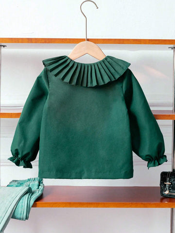 Girls Elegant Collared Ruffle Sleeve White Long Sleeve Casual Blouse, Suitable For Fall, Winter, School, Back-To-School, Formal Events, Daily Wear