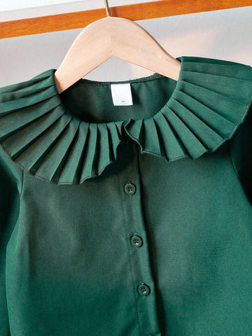 Girls Elegant Collared Ruffle Sleeve White Long Sleeve Casual Blouse, Suitable For Fall, Winter, School, Back-To-School, Formal Events, Daily Wear