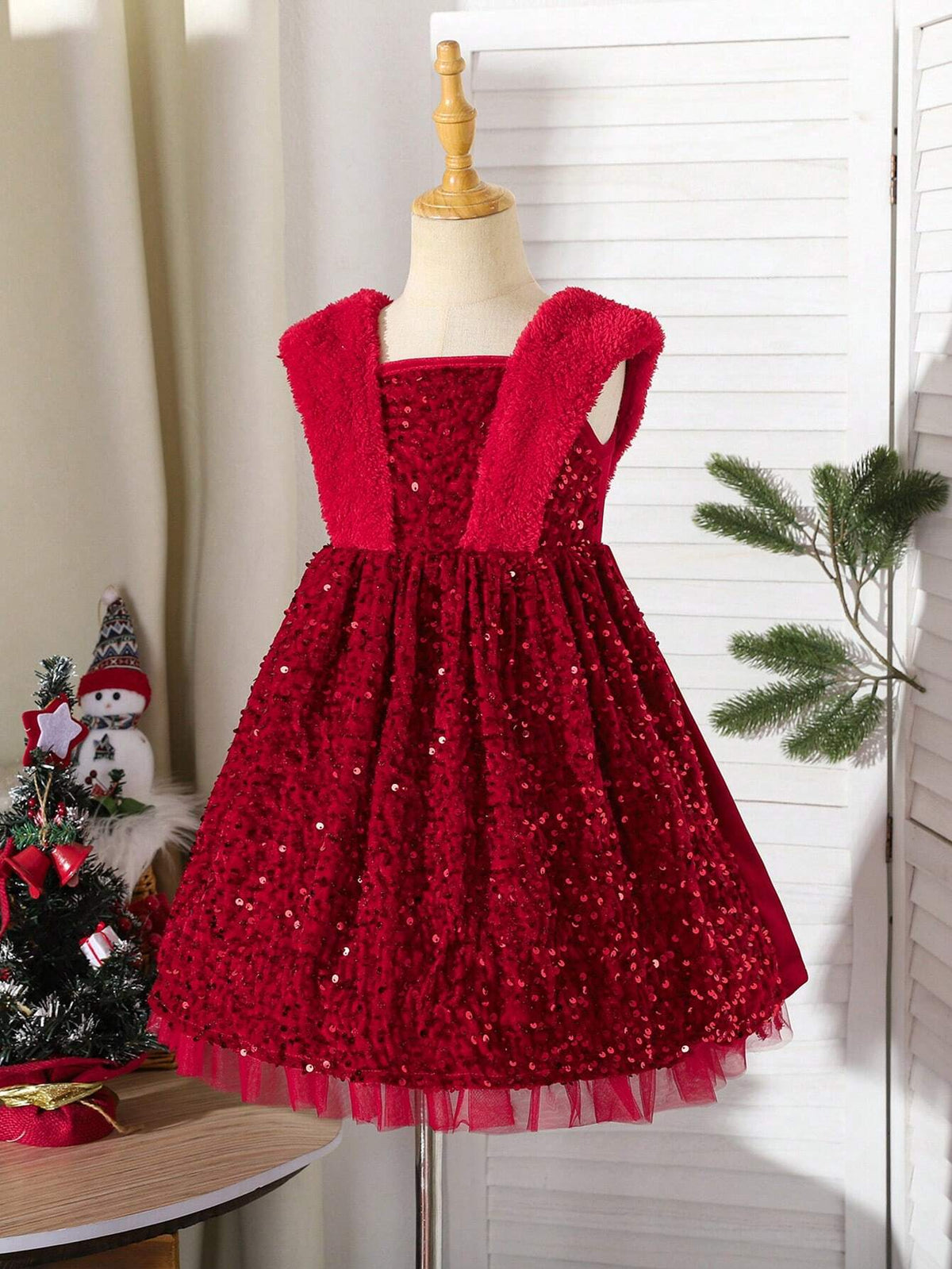 Girls Elegant Floral Pearl Decor Princess Christmas Party Dress