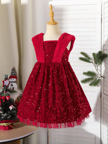 Girls Elegant Floral Pearl Decor Princess Christmas Party Dress