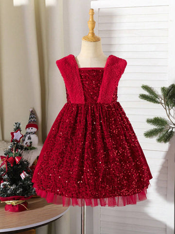 Girls Elegant Floral Pearl Decor Princess Christmas Party Dress